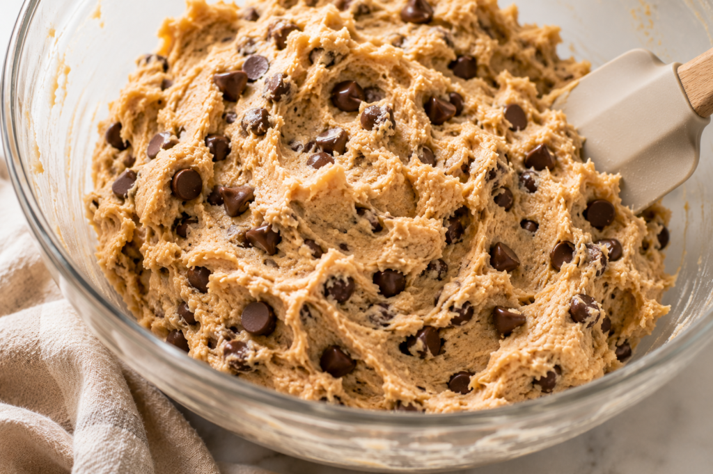 Thick peanut butter chocolate chip cookie dough mixed to the perfect consistency before baking.