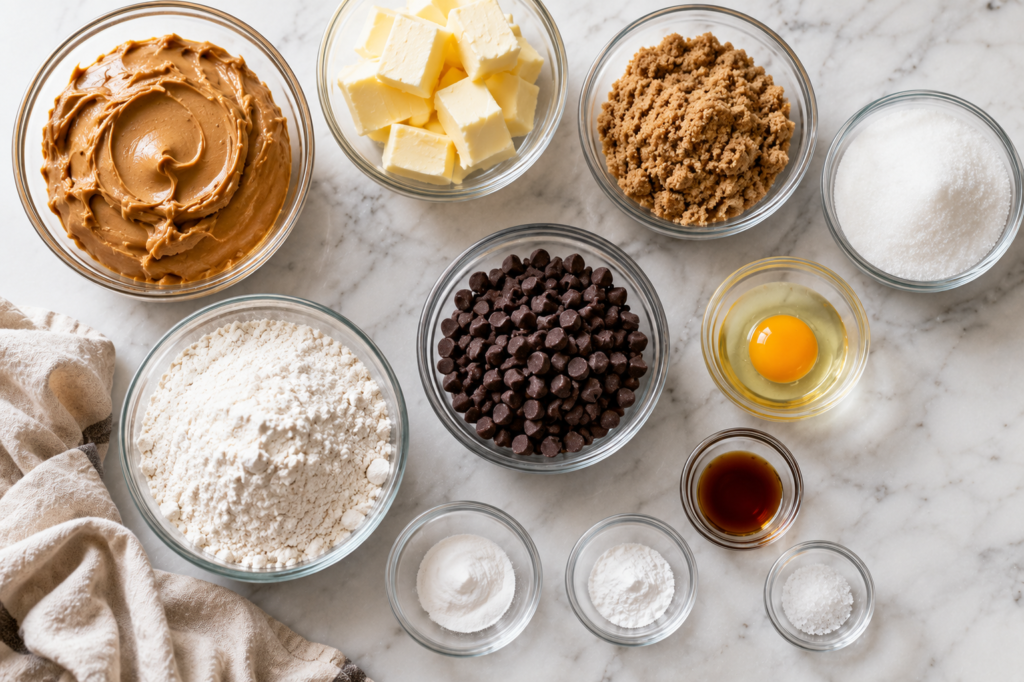 Ingredients for homemade peanut butter chocolate chip cookies arranged in glass bowls on a countertop.