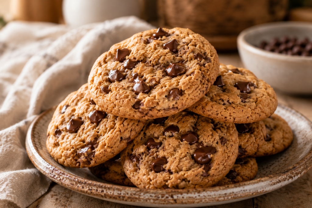 Freshly baked peanut butter chocolate chip cookies stacked on a plate with melted chocolate chips.