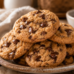 Freshly baked peanut butter chocolate chip cookies stacked on a plate with melted chocolate chips.