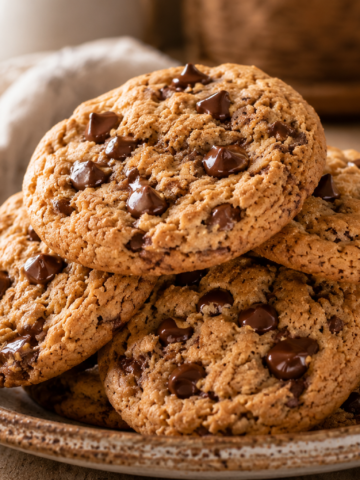 Freshly baked peanut butter chocolate chip cookies stacked on a plate with melted chocolate chips.