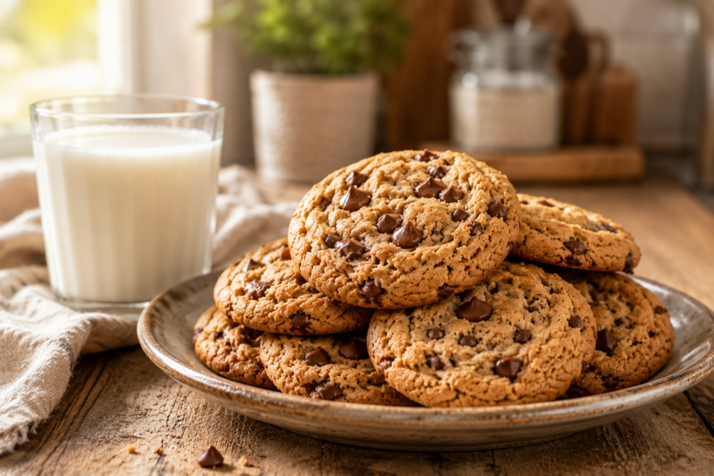 Soft peanut butter chocolate chip cookies served with a glass of cold milk.