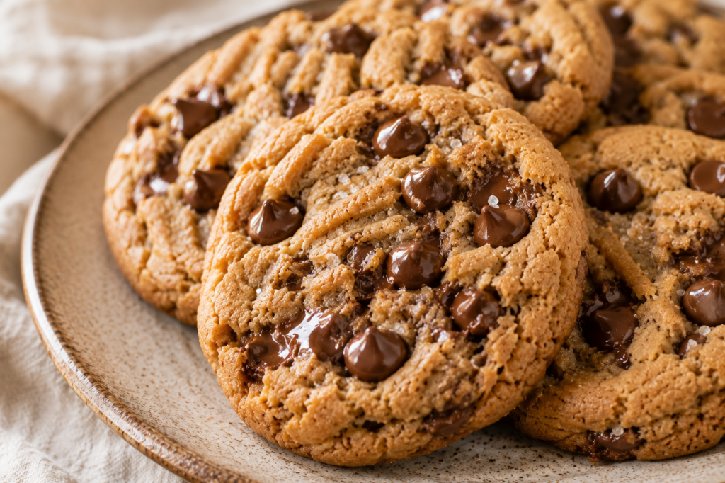 Plate of soft and chewy peanut butter chocolate chip cookies with crisp golden edges.
