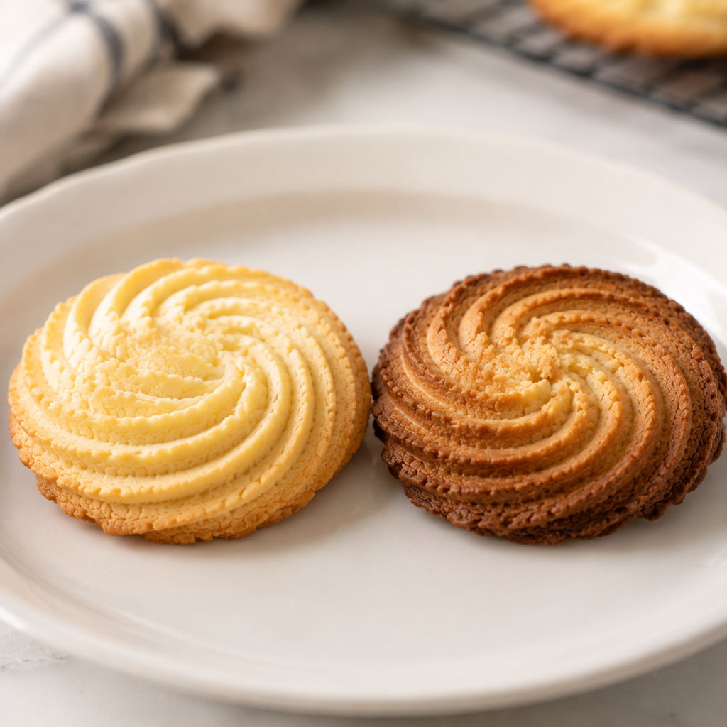 Comparison of perfectly baked homemade butter cookies and overbaked butter cookies showing differences in color and texture.