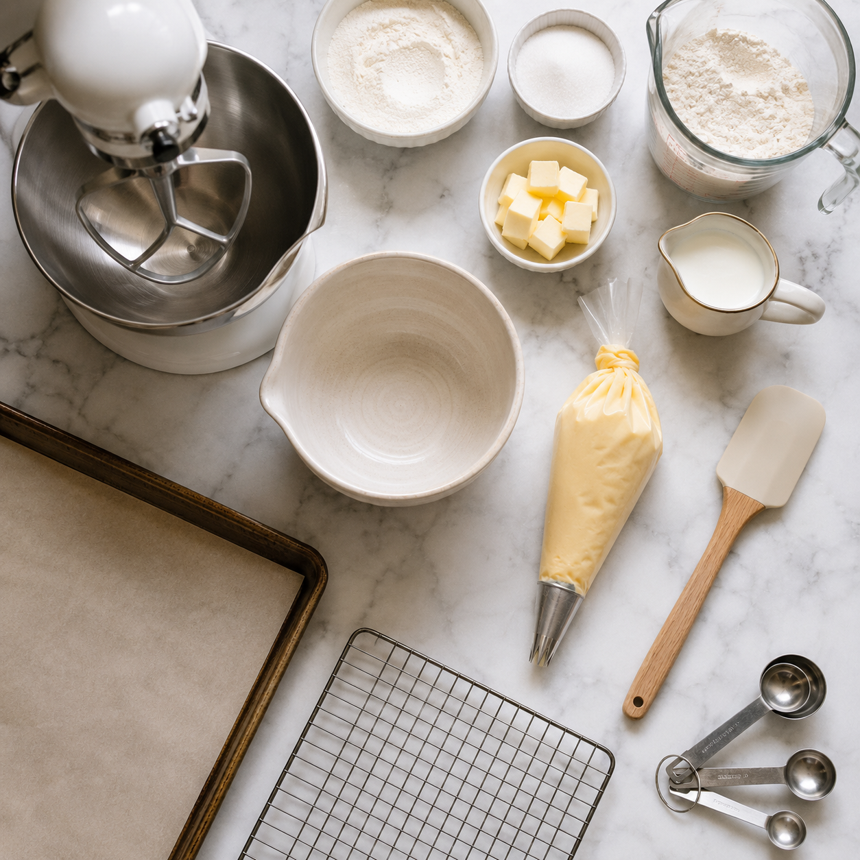 Essential baking equipment used to make homemade butter cookies, including a mixer, piping bag, baking sheet, and cooling rack.