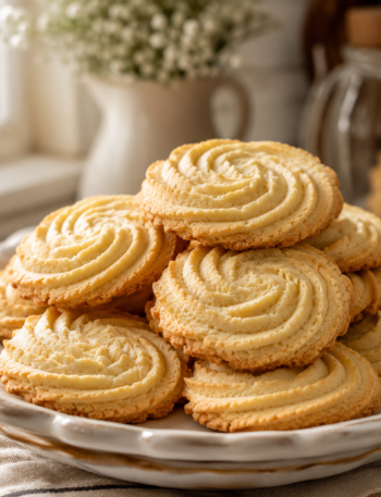 Freshly baked homemade Butter Cookie Recipe with crisp edges and buttery texture served on a white ceramic plate.