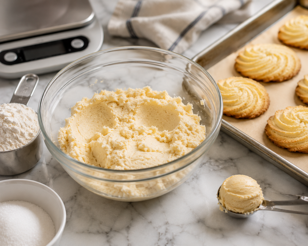 Butter cookie dough and finished cookies illustrating proper texture and common troubleshooting solutions.