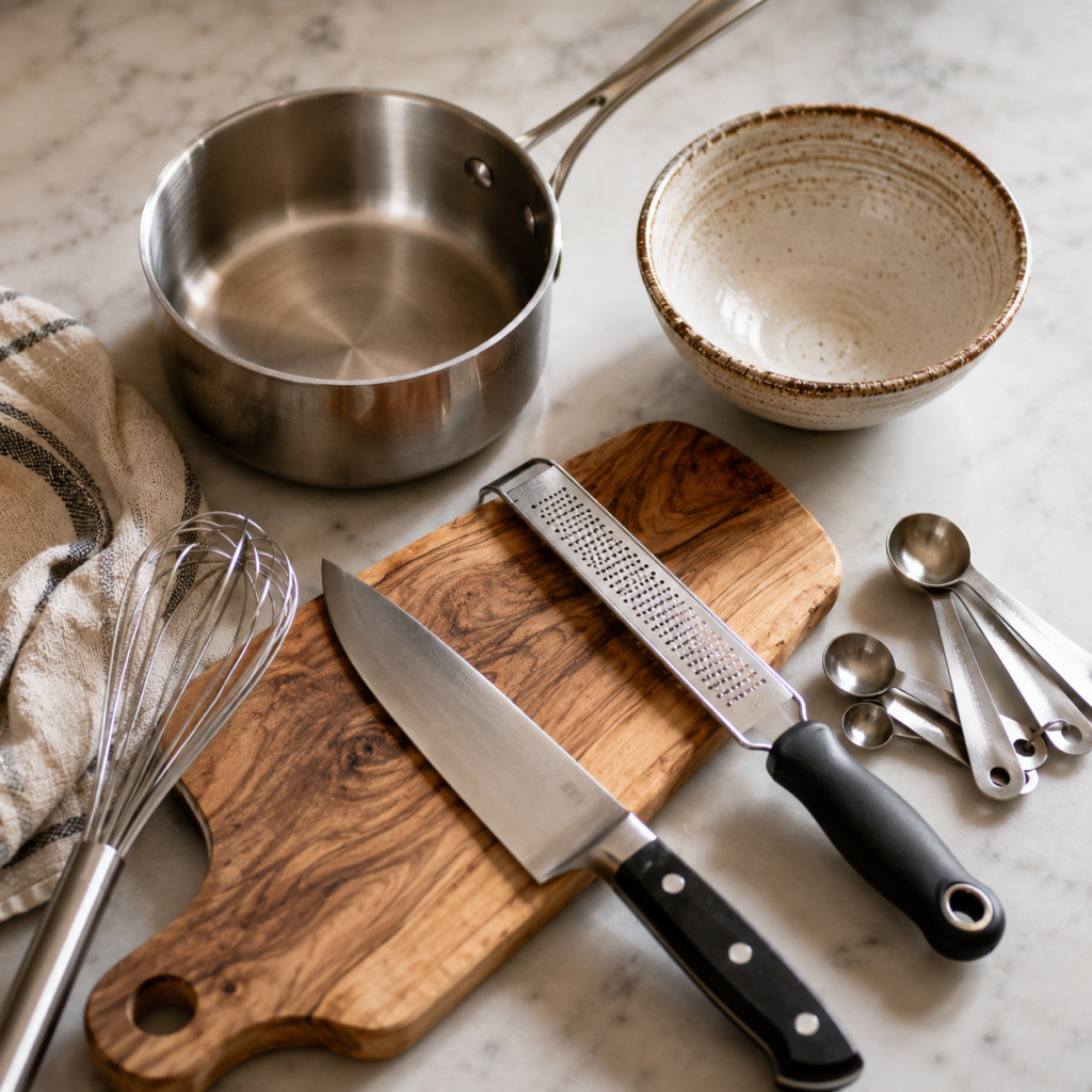 Essential kitchen tools used to prepare a homemade cowboy butter recipe.