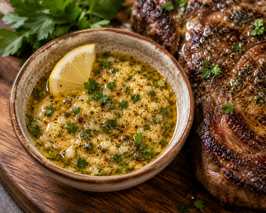 Homemade cowboy butter recipe served with grilled steak and fresh herbs.