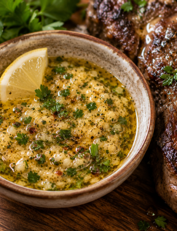 Homemade cowboy butter recipe served with grilled steak and fresh herbs.