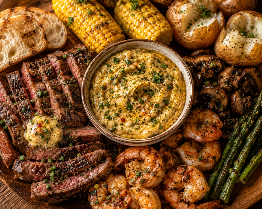 Homemade cowboy butter served with steak, shrimp, vegetables, potatoes, corn, and crusty bread.