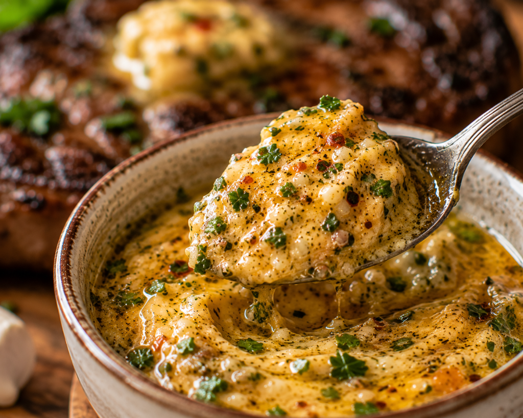 Close-up of silky homemade cowboy butter with fresh herbs and garlic.