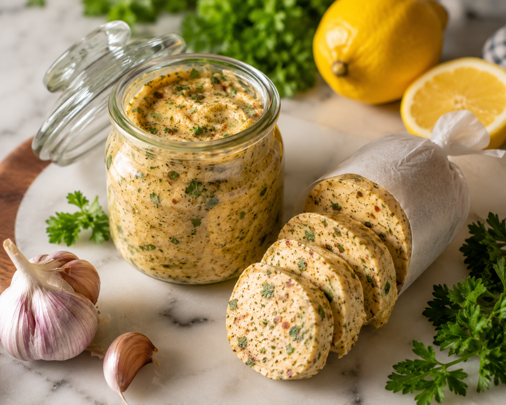 Homemade cowboy butter stored in a glass jar and as compound butter for freezing.