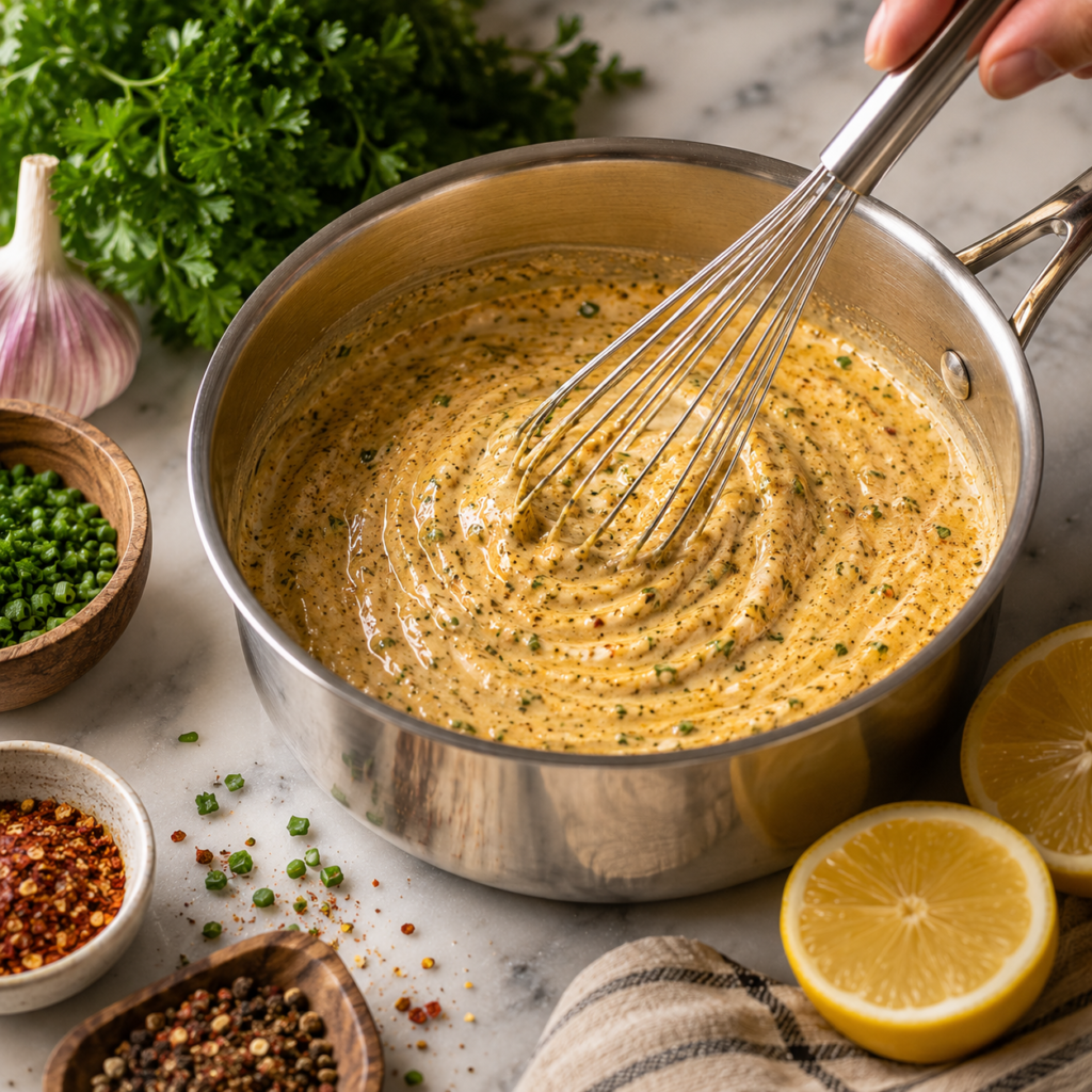 Whisking homemade cowboy butter to achieve a smooth, silky consistency.