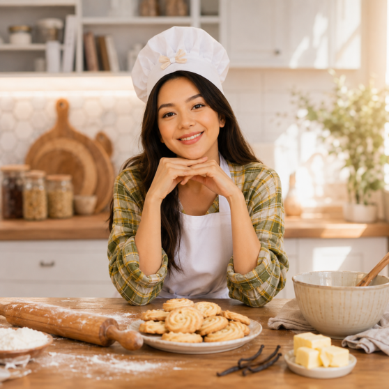Portrait of Sasha, the home cook behind SashaRecipes, smiling in a bright home kitchen while wearing a chef hat and apron, holding cucumber slices over her eyes in a playful pose.