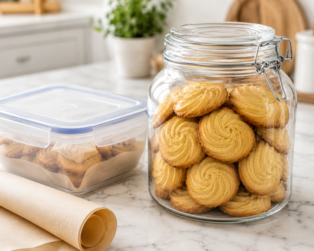 Homemade butter cookies stored in an airtight glass container with freezer storage supplies.