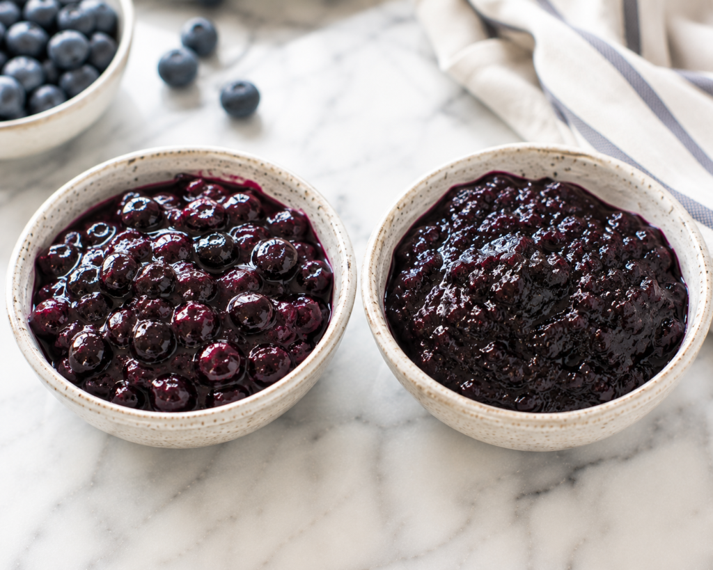 Comparison of properly cooked blueberry compote and overcooked blueberry compote, highlighting the ideal texture for a homemade blueberry compote recipe.