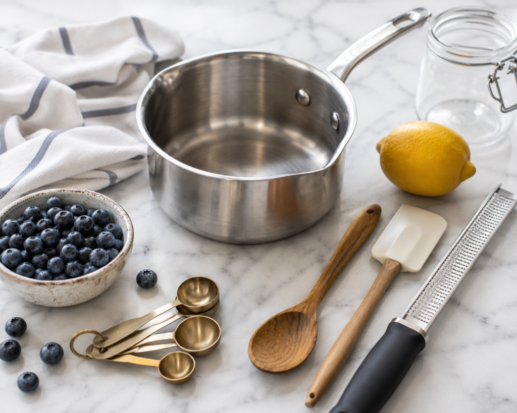 Kitchen equipment needed to make a homemade blueberry compote recipe, including a saucepan, wooden spoon, grater, and glass storage jar.