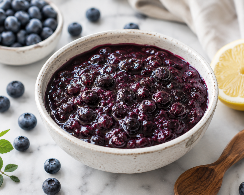 A bowl of homemade blueberry compote recipe made with fresh blueberries, served as a glossy fruit topping.