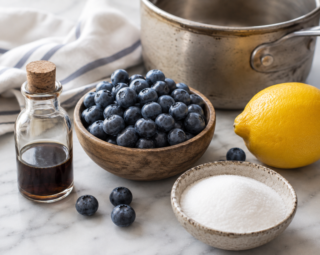 Fresh blueberries, lemon, sugar, and vanilla prepared before making a homemade blueberry compote recipe.