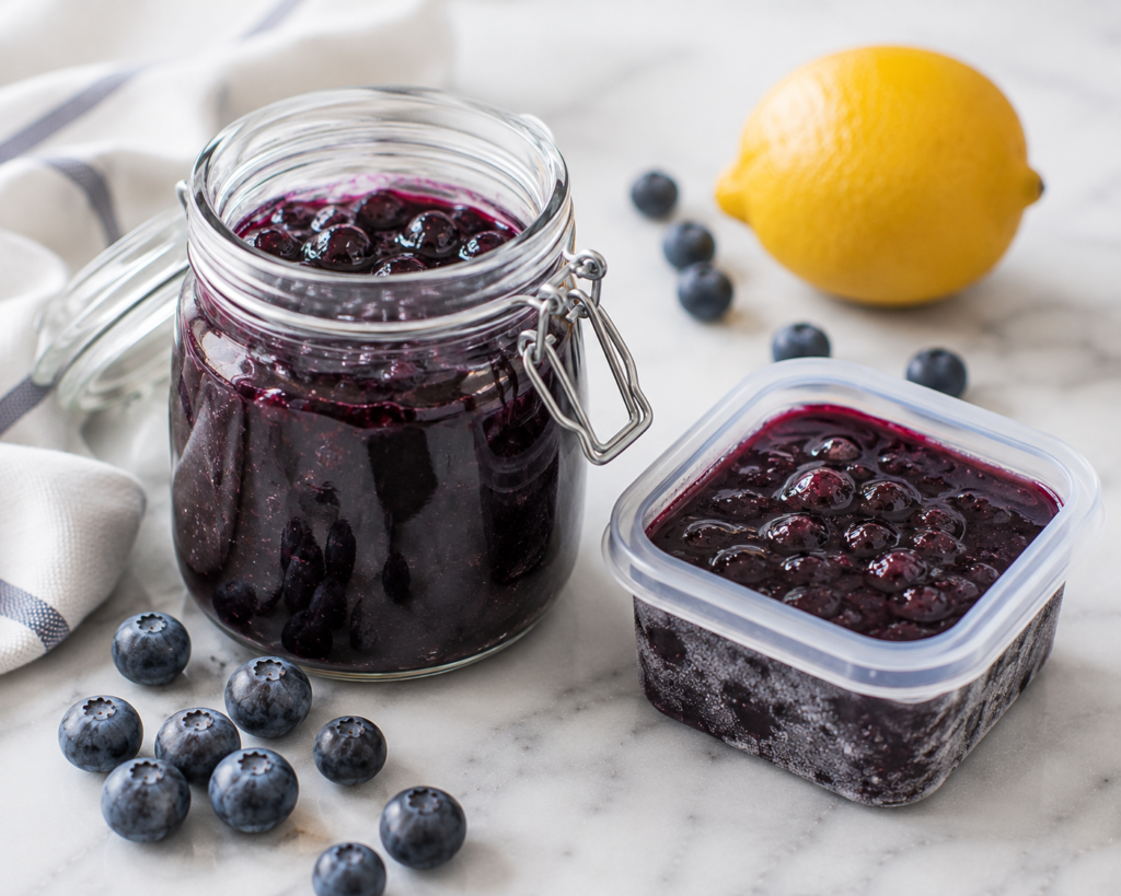 Homemade blueberry compote recipe stored in a glass jar and freezer-safe container for refrigeration and freezing.