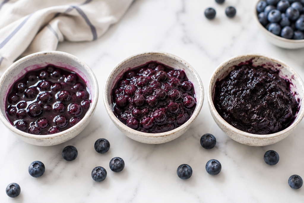 Three consistencies of homemade blueberry compote recipe showing how to identify the ideal spoonable texture.