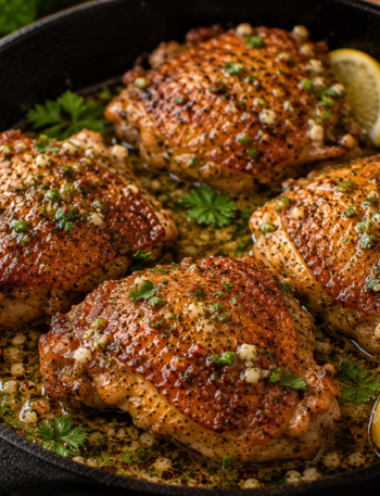 Golden cowboy butter chicken thighs with garlic, fresh herbs, and lemon in a cast-iron skillet