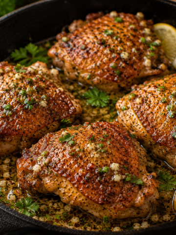 Golden cowboy butter chicken thighs with garlic, fresh herbs, and lemon in a cast-iron skillet