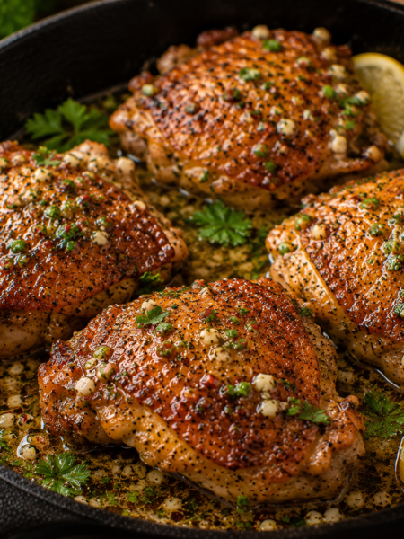 Golden cowboy butter chicken thighs with garlic, fresh herbs, and lemon in a cast-iron skillet