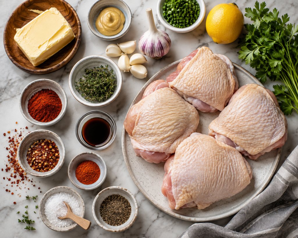 Ingredients for cowboy butter chicken thighs including chicken thighs, butter, garlic, lemon, Dijon mustard, fresh herbs, and spices