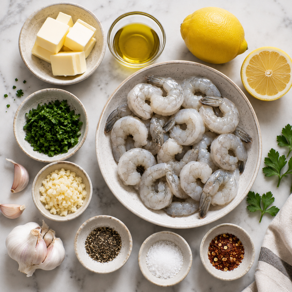 Ingredients for garlic butter shrimp including raw shrimp, butter, garlic, lemon, parsley, olive oil, and seasonings.
