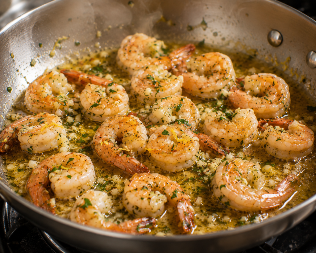 Garlic butter shrimp finishing in a skillet with melted butter, fresh garlic, lemon zest, and parsley.